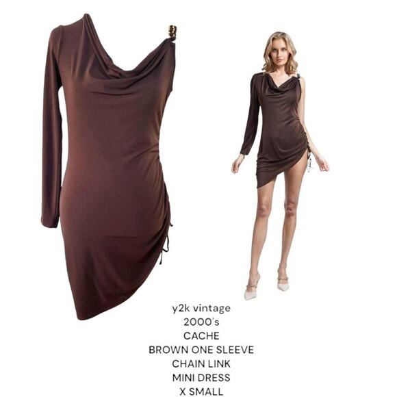 Y2K VTG cache brown stretchy one sleeve chain link ruched tie mini dress x small - Picture 1 of 7